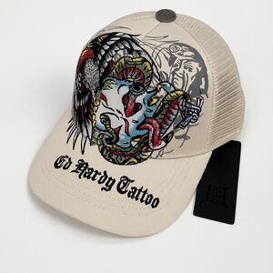Ed Hardy Tattoo Trucker Hat Skull Snake Eagle Beige Mesh Cap Snapback OS NWT